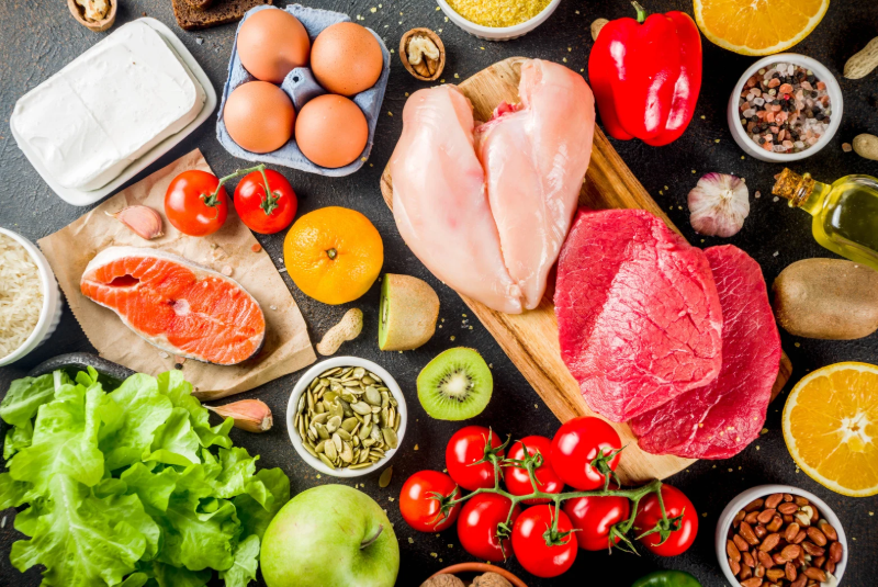 balanced diet with calcium, grains, fruits, nuts.