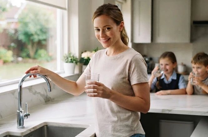 Woman and her family drinking water