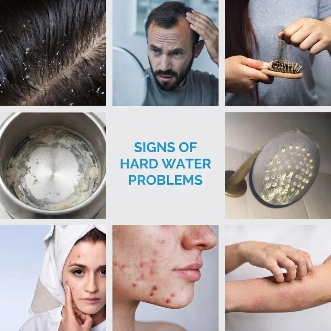 visual collage titled "Signs of Hard Water Problems," illustrating the wide-ranging physical consequences of high mineral content in household water.